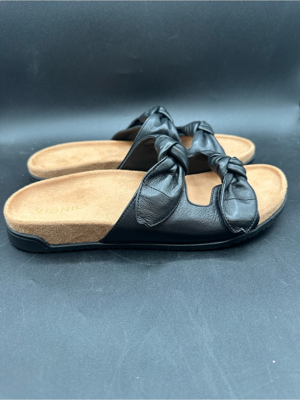 New Vionic Women's Elara Black Leather Slide Sandals 8.5 Double Knot Velcro